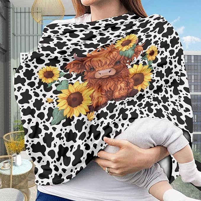 Wanyint Highland Cow Sunflower Cow Print Car Seat Covers for Boys Girls, Nursing Cover Carseat Canopy Baby Breastfeeding Cover Multi-use Nursing Scarf Infant Stroller Cover