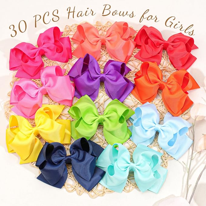 30Pcs 6 Inch Hair Bows for Girls, Oaoleer Grosgrain Ribbon Bows Alligator Clips Double-deck Big Hairbows Hair Barrettes Hair Accessories for Toddlers Girls Kids Children