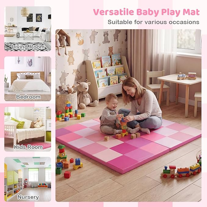 Costzon Toddler Foam Play Mat, Foldable Pink Baby Crawling Mats 58-Inch Square Soft Non Skid Daycare Floor Mat, Thicken Waterproof Memory Activity Play Mat for Home, School, Kindergarten or Nursery