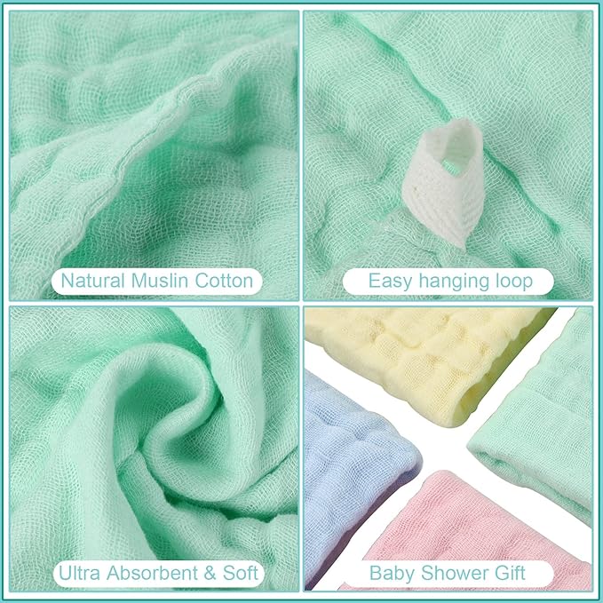 Chumia 30 Pcs Baby Muslin Washcloths Muslin Burp Cloths Baby Towel Natural Cotton Burp Cloths Wipes Soft Newborn Face Towel Absorbent for Face Bath Shower, 12 x 12''(Blue, White, Green, Yellow, Pink)