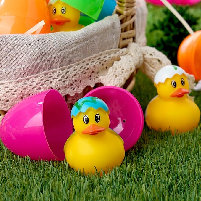 JOYIN 24 Pcs Prefilled Easter Eggs with Rubber Ducks, Variety Duckies for Easter Egg Hunt, Kids Basket Stuffer, Bath Toy Party Favors, Classroom Prize Supplies