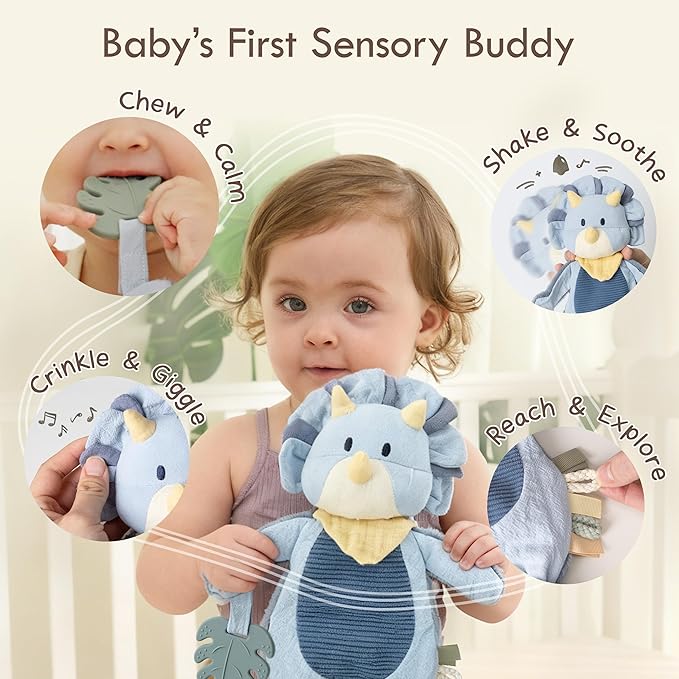 Moonkie Baby Lovey with Silicone Teether, Dinosaur Security Blanket with Textured Ribbons, Crinkle Toys, Soft Minky Velour & Natural Cotton, Newborn Boys Gifts for Baby Shower & Birthday