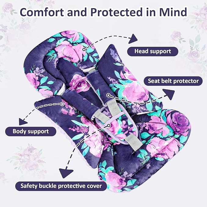 TANOFAR Car Seat Head Support Baby - Infant Car Seat Insert for Newborn Girls Boys - Soft Carseat Head Support for Infant - Newborn Carseat Insert for Car Seats, Strollers, Swings (Purple Floral)