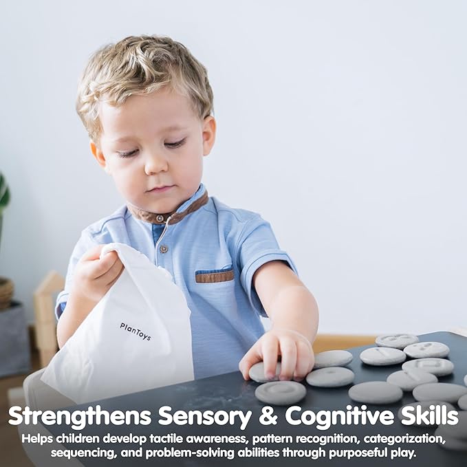 PlanToys® Tactile Stones Wooden Educational Activity for Kids Ages 3+ | Montessori Sensory Exploration Toy for Texture & Touch Recognition, Memory & Pattern Skills | Eco-Friendly Learning Set