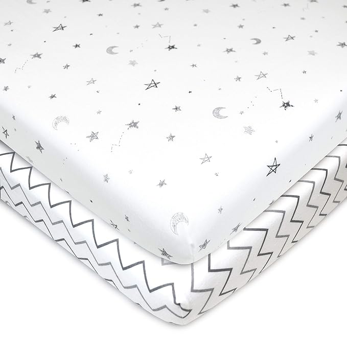 TL Care 2 Pack 100% Natural Cotton Fitted Pack and Play Sheets 39" x 27" - Soft & Breathable Pack N Play Sheets for Playard & Mini Crib Mattress, Gray Star/Gray Zigzag, for Boys & Girls