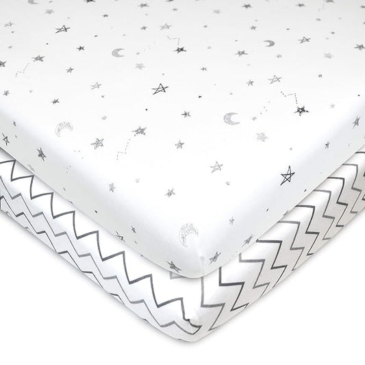 TL Care 2 Pack 100% Natural Cotton Fitted Pack and Play Sheets 39" x 27" - Soft & Breathable Pack N Play Sheets for Playard & Mini Crib Mattress, Gray Star/Gray Zigzag, for Boys & Girls