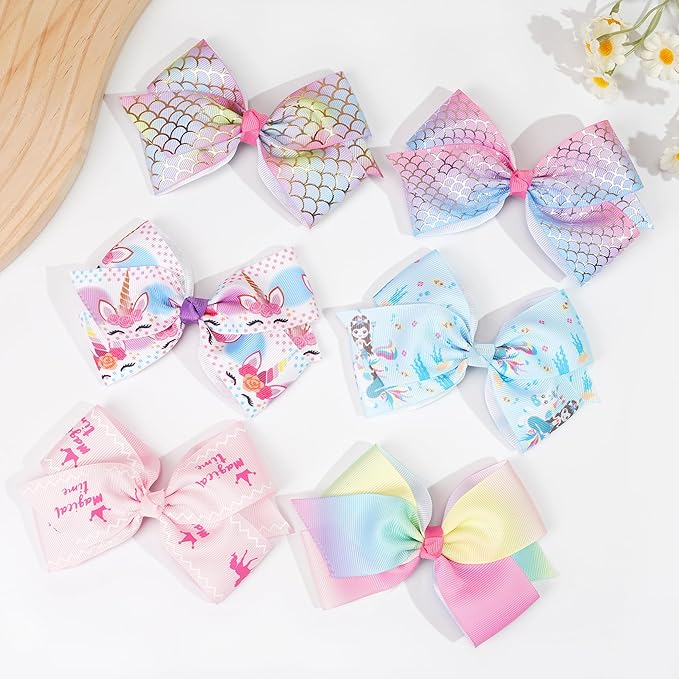 24PCS 4.5Inch Bows for Girls Boutique Grosgrain Ribbon Rainbow Hair Bow Alligator Hair Clips Pigtail Bows Unicorn Hair Clips for Baby Girls Toddler Kids Children Teens