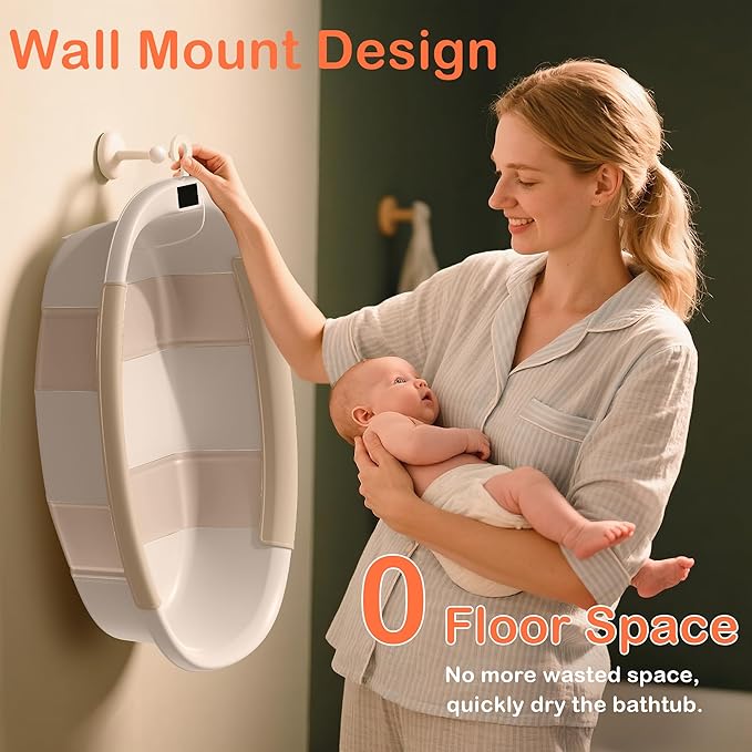 Collapsible Baby Bathtub - Large Baby Bath Tub with Thermometer & Cushion | Travel Portable Newborn Infant Bathtub | Foldable Toddler Bathtub for Baby 0 to 36 Months (Khaki)