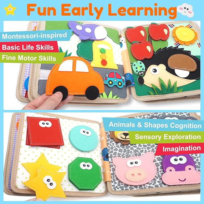 Busy Book for Toddlers 1-3, Felt Animals Busy Board for 1 Year Old Montessori Toys, Peekaboo Quiet Book, Airplane Travel Toys, Educational Learning Activity, Birthday Gifts for Boys & Girls