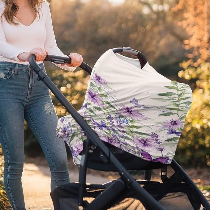 AFPANQZ Purple Flower Nursing Cover Breastfeeding Scarf Baby Car Seat Covers Infant Stroller Cover Carseat Canopy for Girls and Boys Lightweight Breathable for Outdoor Walking Traveling