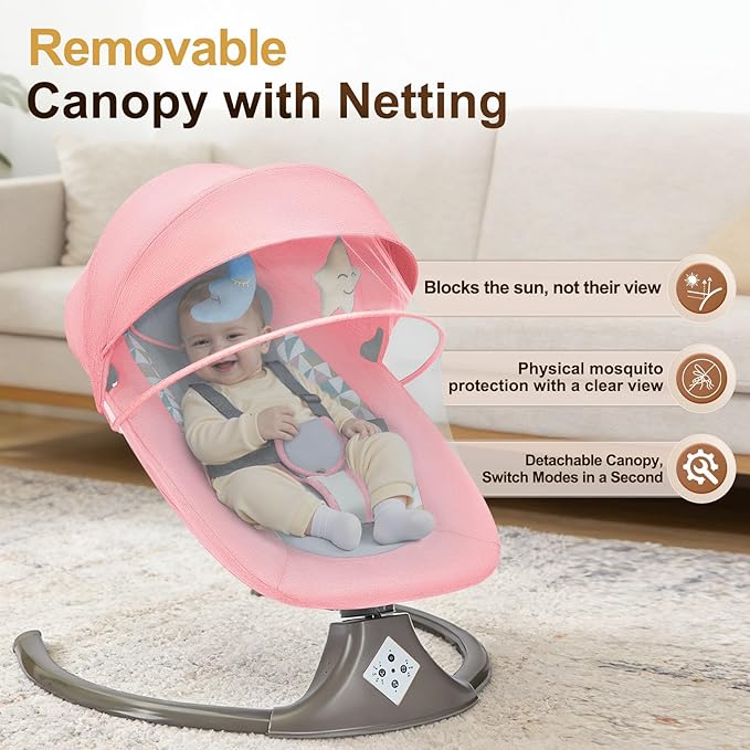 Electric Baby Swing for Infants,Multifunctional 3-in-1 Rocker,5-Speed Adjustable,Remote Control,10 Melodies,5-Point Harness,for Infants Up to 30 lbs, Up to 12 Months Easy Assembly (Pink)