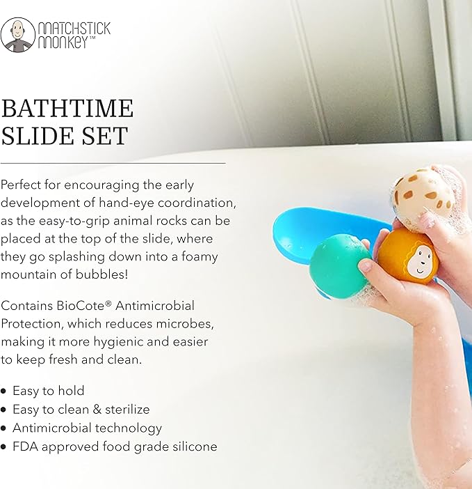 Matchstick Monkey Bath Time Slide Set – Baby Bath Toy, Sensory Learning, Easy-to-Grip Animal Rocks, Encourages Motor Skills & Water Play, BPA-Free, 12 Months+, Blue