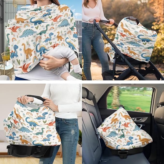 Dinosaur Carseat Canopy for Babies Fits Most Strollers & Baby Car Seats Rainbow Breastfeeding Nursing Pillow Slipcovers Soft and Stretchy 2PCS