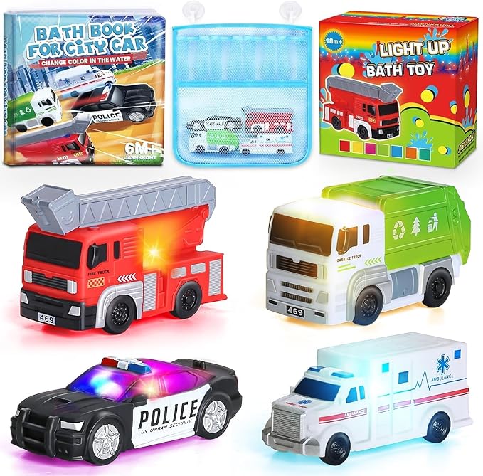 4 Floating Changing Color Light Up Bath Toy Car with Bath Book & Storage Bag, No Hole Realistic Car Bathtub Toys for Toddler Kid 18 month +, Bathroom Tub Pool Beach Swimming Party, Birthday Gift
