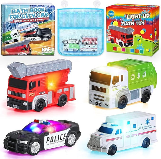 4 Floating Changing Color Light Up Bath Toy Car with Bath Book & Storage Bag, No Hole Realistic Car Bathtub Toys for Toddler Kid 18 month +, Bathroom Tub Pool Beach Swimming Party, Birthday Gift