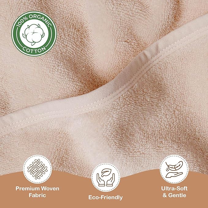 100% Organic Cotton Plush Woven Hooded Baby Bath Towels - Soft and Absorbent 31x31 Inches for Newborns and Kids, Baby Bath & Hooded Towels, Premium Infant Towels (Sand)