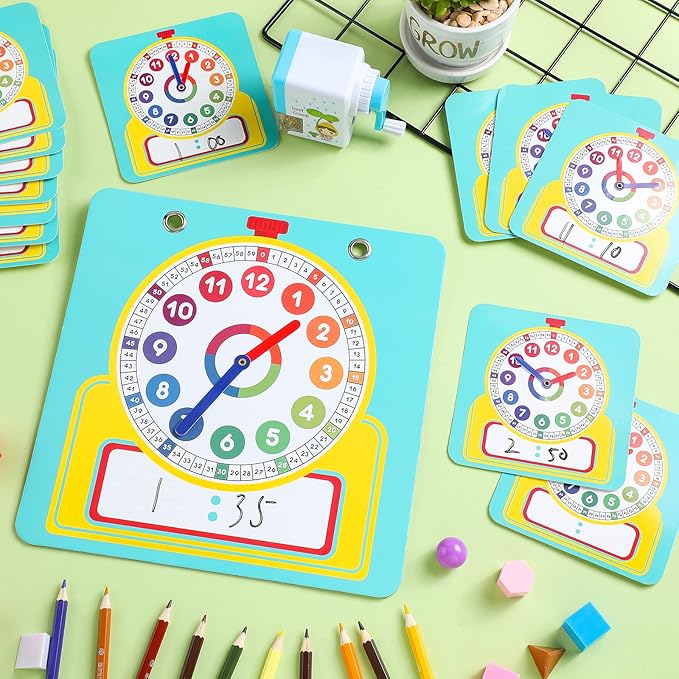 Junkin 25 Pcs Teaching Clock Kit, Learning Clocks for Kids Learning Time with Erasable Surface for Home School Classroom Supplies(Vivid Style)