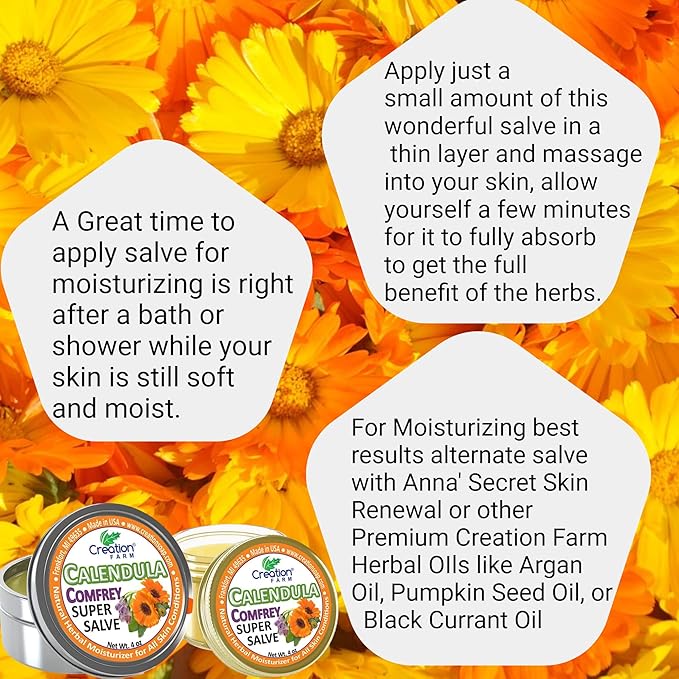 Calendula Comfrey Super Salve 8OZ- (2-4 oz Jars), by Creation Farm Balm Soothes Baby Bottoms, Hand Cream for Dry Cracked skin, Tattoos and Beards Grown and Made in USA from Real Herbs