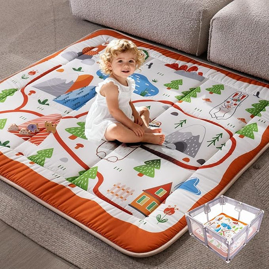 TILLYOU Baby Play Mats for Floor, 50x50 Playpen Mat, Extra Thick Foam Play Mat for Babies and Toddlers, Foldable Baby Crawling Mat for Playpen, Zoo