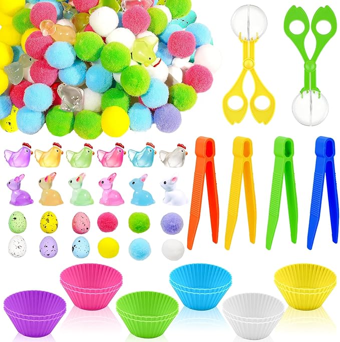 Bbiamsleep 318 Pcs Easter Sensory Bin Filler Fine Motor Skills Spring Sensory Bin Items Counting Sorting Pom Poms Decorations Include Mini Rabbit Figurines for Easter Sorting Counting