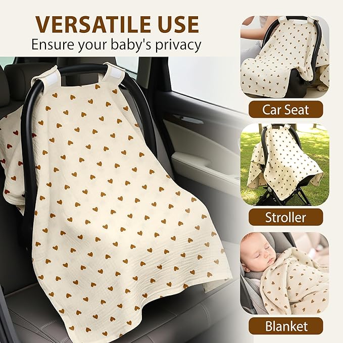 100% Organic Muslin Cotton Car Seat Cover 35 x 50 Inches Soft Touch Breathable Canopy, Protective Car Seat Cover Baby All Seasons Lightweight Car Seat Cover Travel Comfort (Beige Hearts)