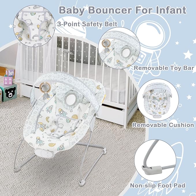 Baby Bouncer, Infants Bouncy Seat with Music and Vibrations,Portable Baby Rocker for Newborns Indoor Outdoor Use 0-6 Months Up to 20 lbs