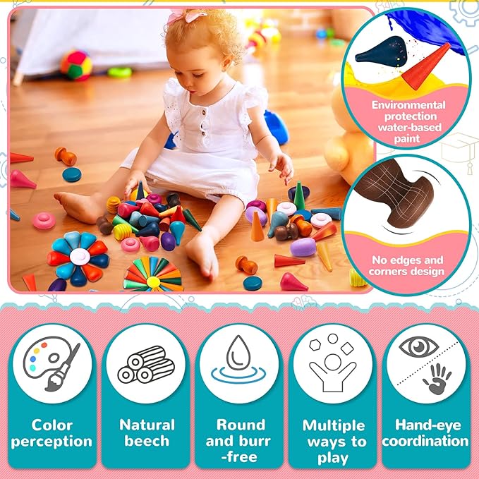 Chivao Loose Parts Play Materials Set Wooden Mandala Toys Kit Wood Sensory Play Toys 27 Rainbow Color 7 Shapes Loose Parts for Teens Students Early Learning Materials (81)