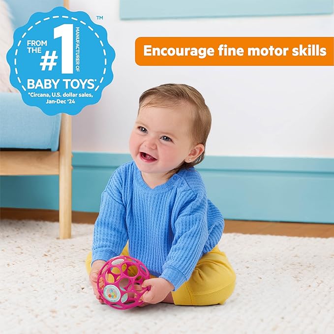 Bright Starts Oball Easy-Grasp Baby Rattle Ball, Pink, Ages Newborn and Up, 4 Inches