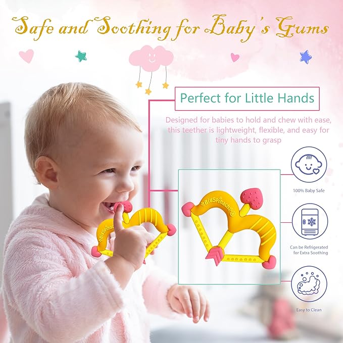 BIGSPINACH Teethers Heart Shape Silicone Baby Teether Toy Easy for Little Hands to Hold,Cupid Bow and Arrow Soft Teething Toy for Infants,Valentine's Gift for Girl or Boy (Yellow)