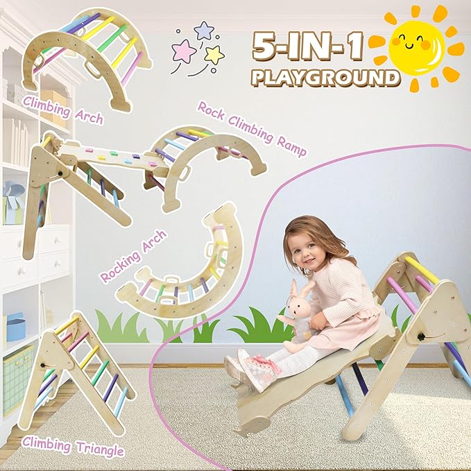 5in1 Wooden Climbing Toys, for Toddler Kids Playground with Arch & Ramp & Ladder, Foldable Baby Jungle Climbing Gym, Outdoor & Indoor