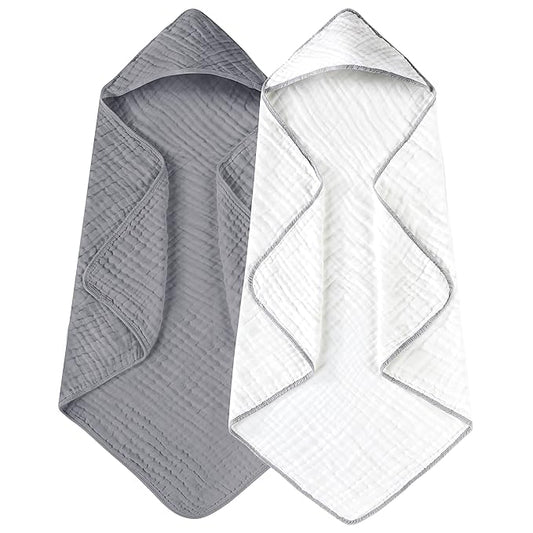 Yoofoss Hooded Baby Towels for Newborn 2 Pack 100% Muslin Organic Cotton Baby Bath Towel with Hood for Babies, Infant, Toddler and Kids, 32x32Inch, Soft and Absorbent Newborn Essential,White&Pure Grey