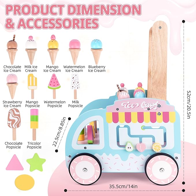 Wooden Baby Walker with Wheels for Girls, Toddler Play Store Ice Cream Toy, Multifunctional Ice Cream Cart with Baby Activity Center, Push Walking Toys Gift for 18+ Months Kids Learning to Walk