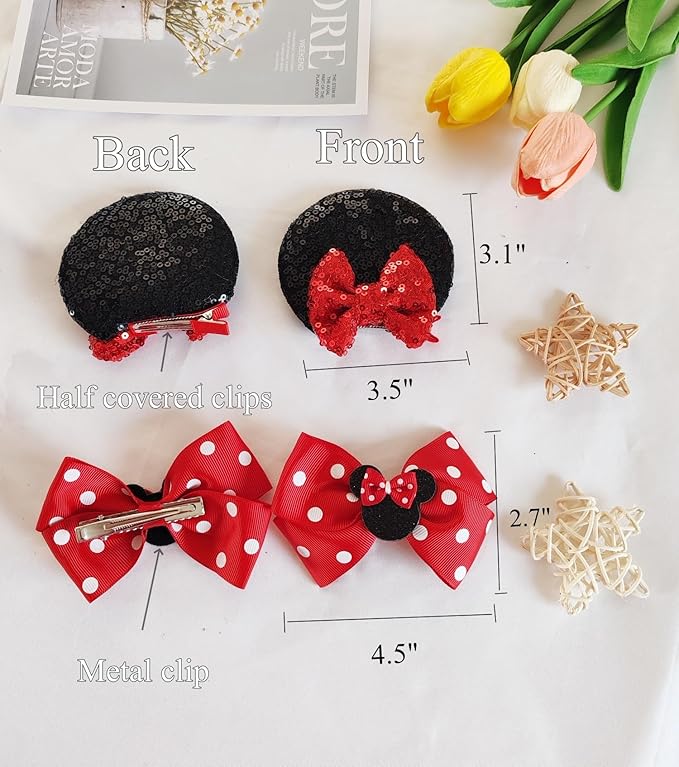 Hjiaruiky Mouse Ears Hair Clips Hair Bows Barrettes Accessories for Toddler Girls Women kids Party Birthday 4PCS