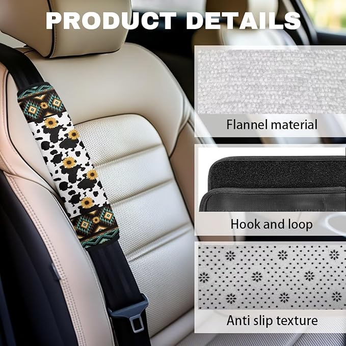 Navajo Seat Belt Cover Pad 2 Packs Cow Pattern Sunflower Seat Belt Cushions Pads Soft Car Seat Strap Pads Easy to Clean Shoulder Protectors for All Car Seat Stroller Unisex Universal