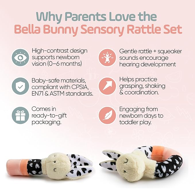 Bella Bunny Baby Rattle Toys - Rattles for Babies 0-6 Months High Contrast Baby Toys for Newborn Gifts - Ultra-Soft Sensory Toy Stick and Circle Baby Rattles 0-6 Months (2-Pack)