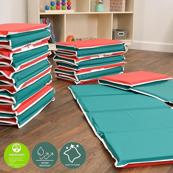 Children's Factory Toddler Nap Mats with Built-in Pillow, Toddler Sleeping Mats for Preschools and Daycares, Comfortable and Soft 4 Section Folding Nap Pad