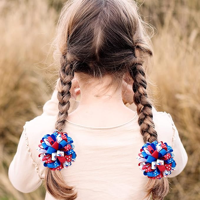 July 4th Korker Hair Bow Clip 3'' Kids Patriotic Curly Corker Fireworks Cheer Bow Alligator Barrettes Toddler Baby Girls Independence Day Christmas Party Favor Gift Accessories