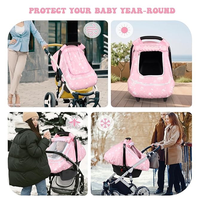 Baby Car Seat Cover for Girls, Infant CarSeat Covers with Mesh Man Fai Sky, Multi-Functional Newborn Canopy Breathable for Summer Winter, Windproof & Universal Fit, Flower