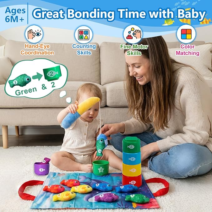 COUOMOXA Montessori Toys for 1 Year Old Baby: 22PCS Cloth Fishing Game with Stacking Cups - 6-12-18 Months Toddler Color Sorting Learning Toy Indoor Outdoor Play for Age 1 2 3 Boy Girl