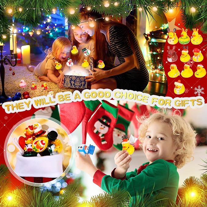 Hanaive 50 Pcs Christmas Ducks for Stocking Stuffers Mini Xmas Rubber Ducks Bath Toys for Kids Toddlers Christmas Goodie Bag Stuffers Xmas Party Favor Gifts (Retro)