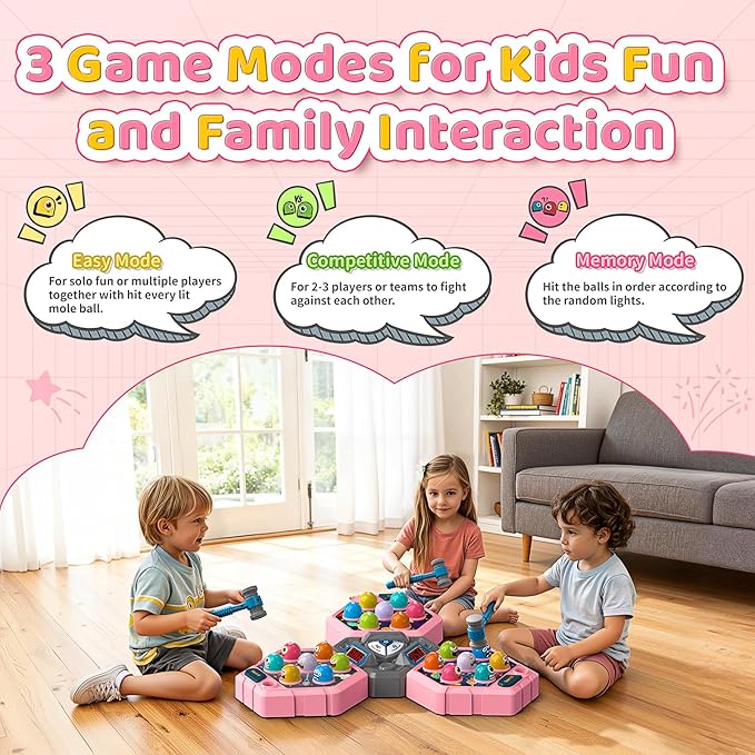 WAYKEE Whack a Game Mole, Toys for 3 4 5 6+ Year Old Girls Boys, Whack a Game for Kids, Gifts for 3-12 Year Old Girls Boys, Interactive Educational Toys with Multiplayer Hammers Sound and Light