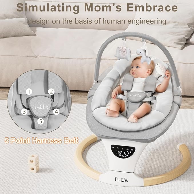 Baby Swings for Infants, Portable Infant Swing with 5-Speeds, 3-Adjustable Height, 3 Timer & 12 Lullabies, Mutil-Function Electric Swing for Baby, Indoor & Outdoor Use (Gray)