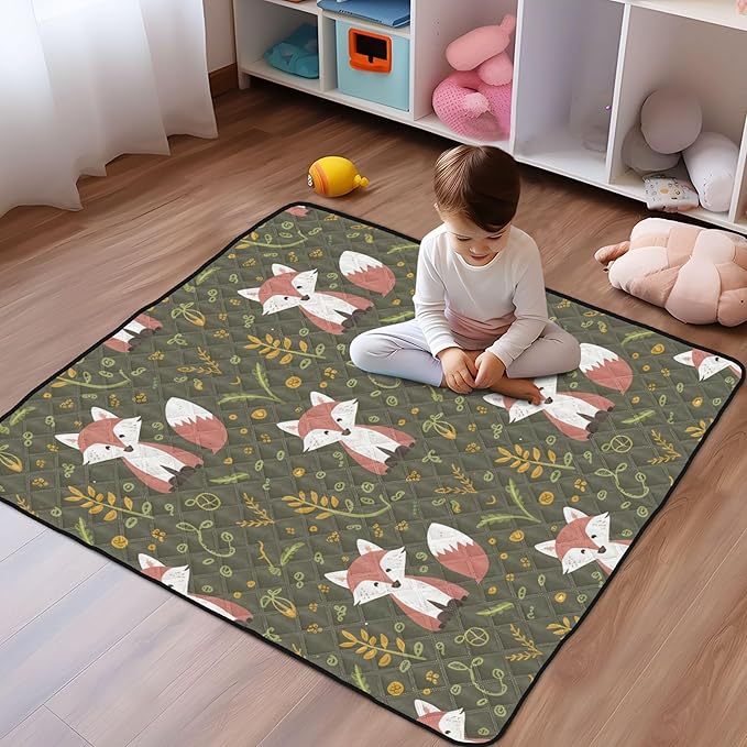Animal Foxes Leave Green Baby Playmat Washable Playroom Crawling Mat Non-Slip Play Mats for Floor 50x50 Playpen Mat