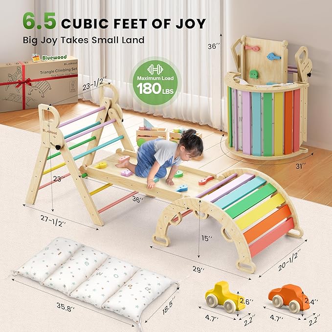 BlueWood Pikler Triangle Set with Cushion - Climbing Toys for Toddlers 9-in-1, Montessori Philosophy Play Jungle Gym with Arch, Ramp, Ladder (Rainbow)