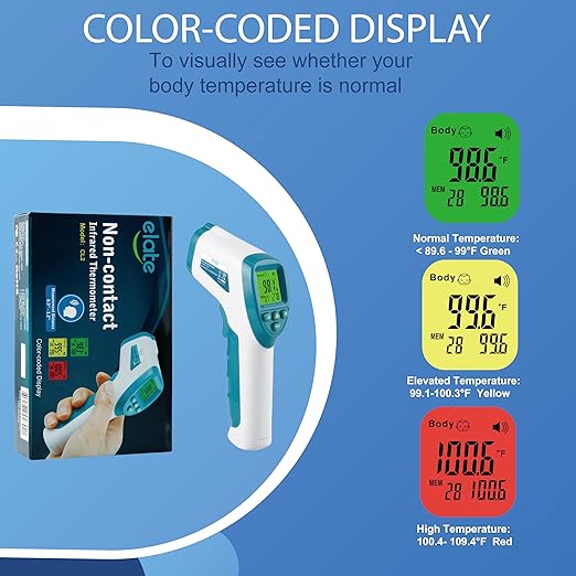 Elate Forehead Thermometer | Digital Infrared No-Touch Thermometer for Adults, Kids, and Infants | with Fever Alarm | Home Medical Grade for Nurse Accessories | Newborn Essentials
