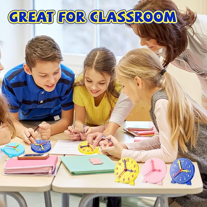 Batiyeer 24 Pcs Teaching Clock Kit for Kids to Tell Time Teaching Mini Geared Clock for Kids Basic Math Development Teacher and Classroom Supplies, 4 Inch(Dark Blue, Yellow, Pink, Sky Blue)