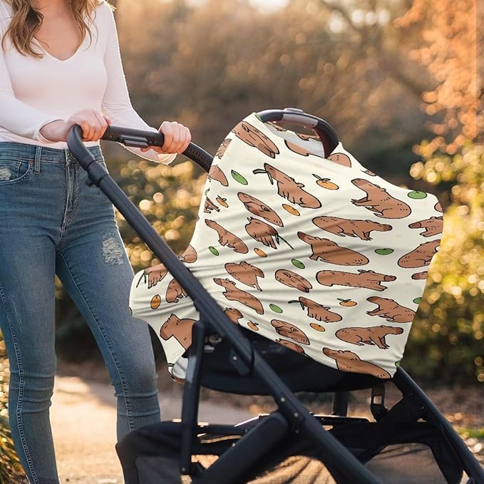 GIFTPUZZ Capybara Stretchy Baby Car Seat Cover for Baby, Multiuse for Nursing Breastfeeding Cover, Shopping Cart/High Chair/Stroller Cover, Car Seat Canopies, Boys and Girls Shower Gifts
