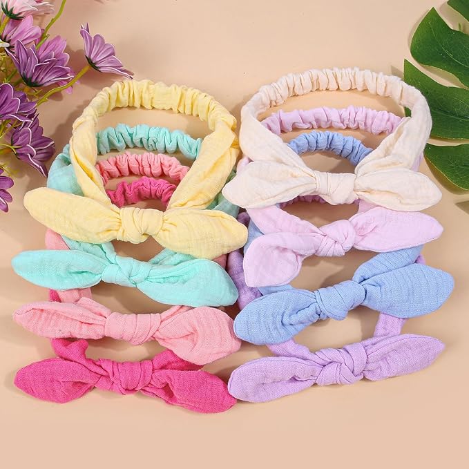 XIMA Baby Girl Headbands, Cotton Rabbit Ears Hairbands for Newbron Infants Toddlers, Removable Rabbit Ear Bows Baby Hair Accessories, Pastel colors Pack of 8