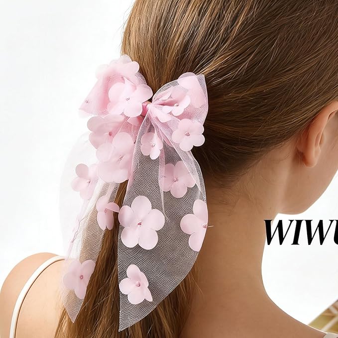 Pink Flower Bow Hair Clip - Mesh Tulle Floral Hair Bow Clips Summer Hair Accessory for Women Girls Bridal Wedding Hair Ornament, Bridesmaid Party Headpiece, Elegant Hairpin for Daily Styling