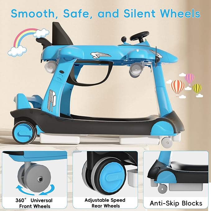 Betterhood 6-in-1 Foldable Baby Walker with Adjustable Height & Speed, Airplane-Themed Activity Push Walker with Music & Lights, Wheels, Anti-Slip Design, Suitable for Boys & Girls Aged 6-18 Months